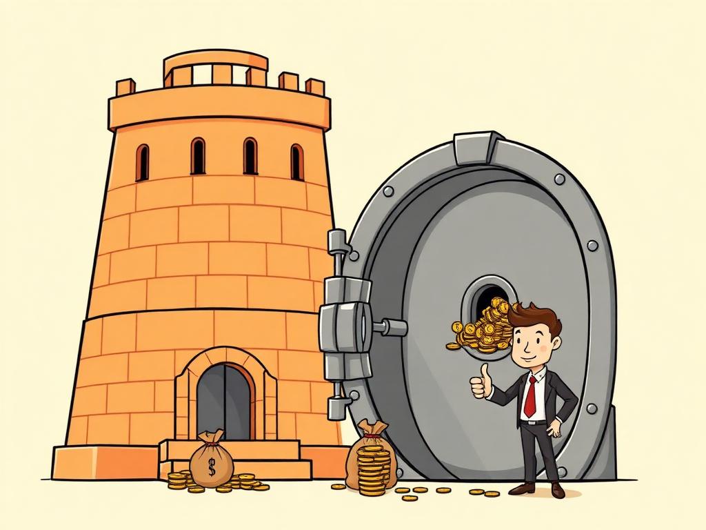 Cartoon of the 2019 Binance hot-wallet hack: a fortress vault door beside a tiny open side hatch leaking coins.