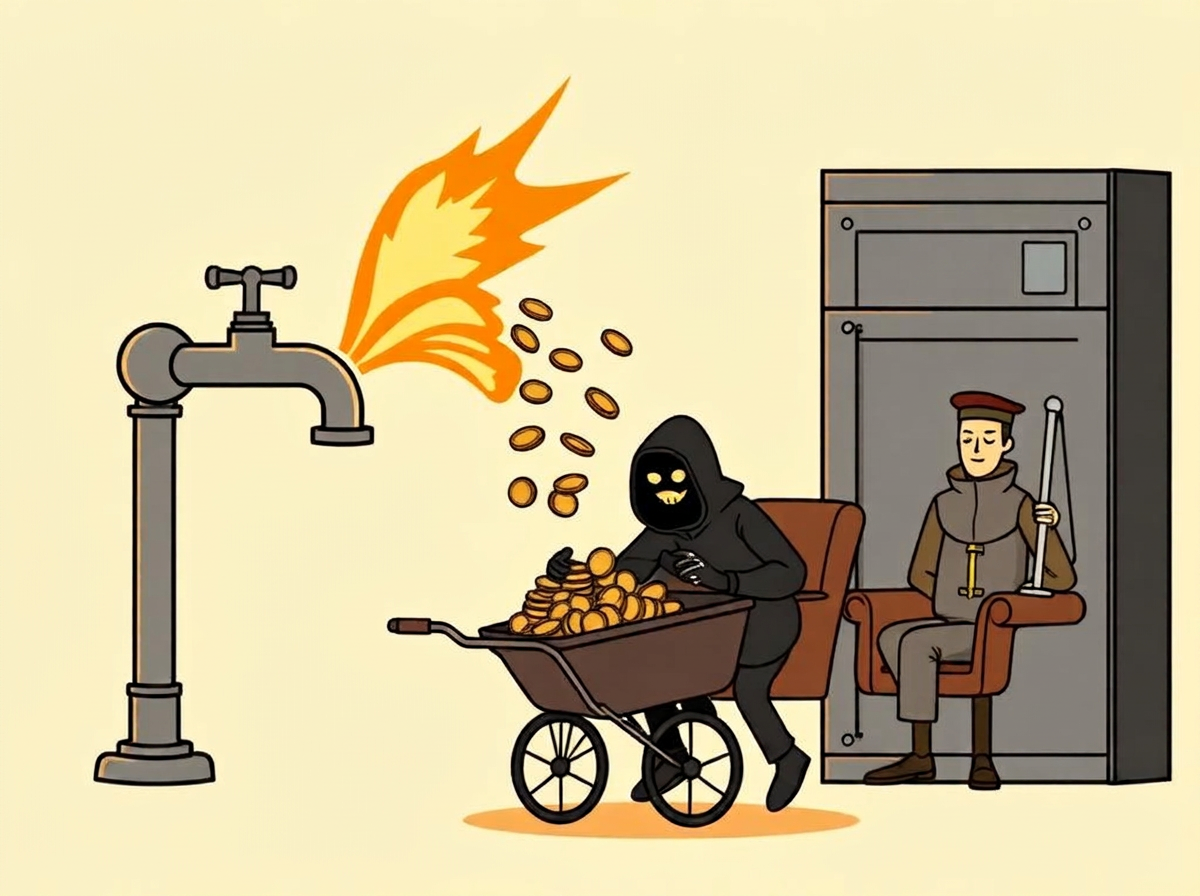 Cartoon of the 2016 Bitfinex hack: a hot wallet tap gushing coins into a thief’s wheelbarrow while the cold safe sits untouched.