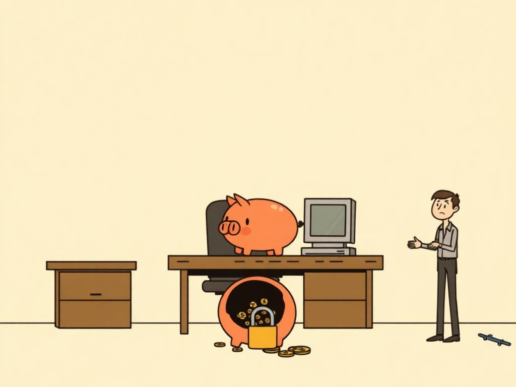 Cartoon of the 2012 Bitfloor hack: a piggy bank sawn open on an office desk, coins gone, one shrugging employee.
