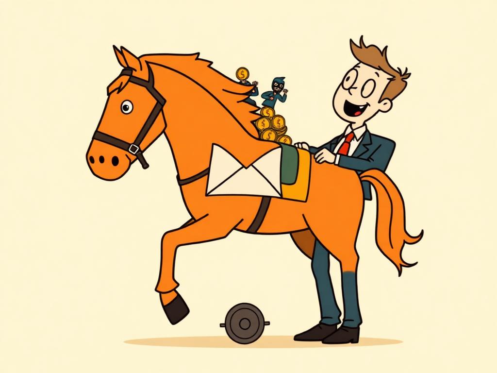 Cartoon of the 2015 Bitstamp phishing hack: an employee gleefully wheeling in an email attachment shaped like a trojan horse.