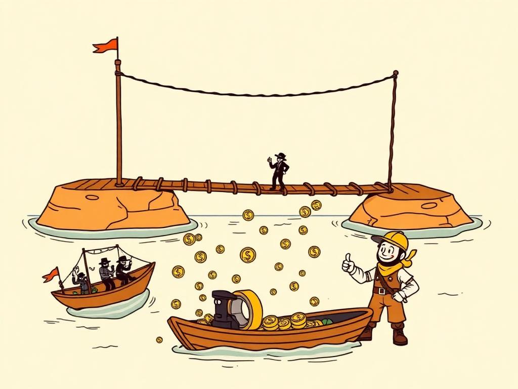 Cartoon of the 2022 bridge hacks: a rope bridge snapping mid-span, coins raining into thieves’ nets while an engineer offers duct tape.