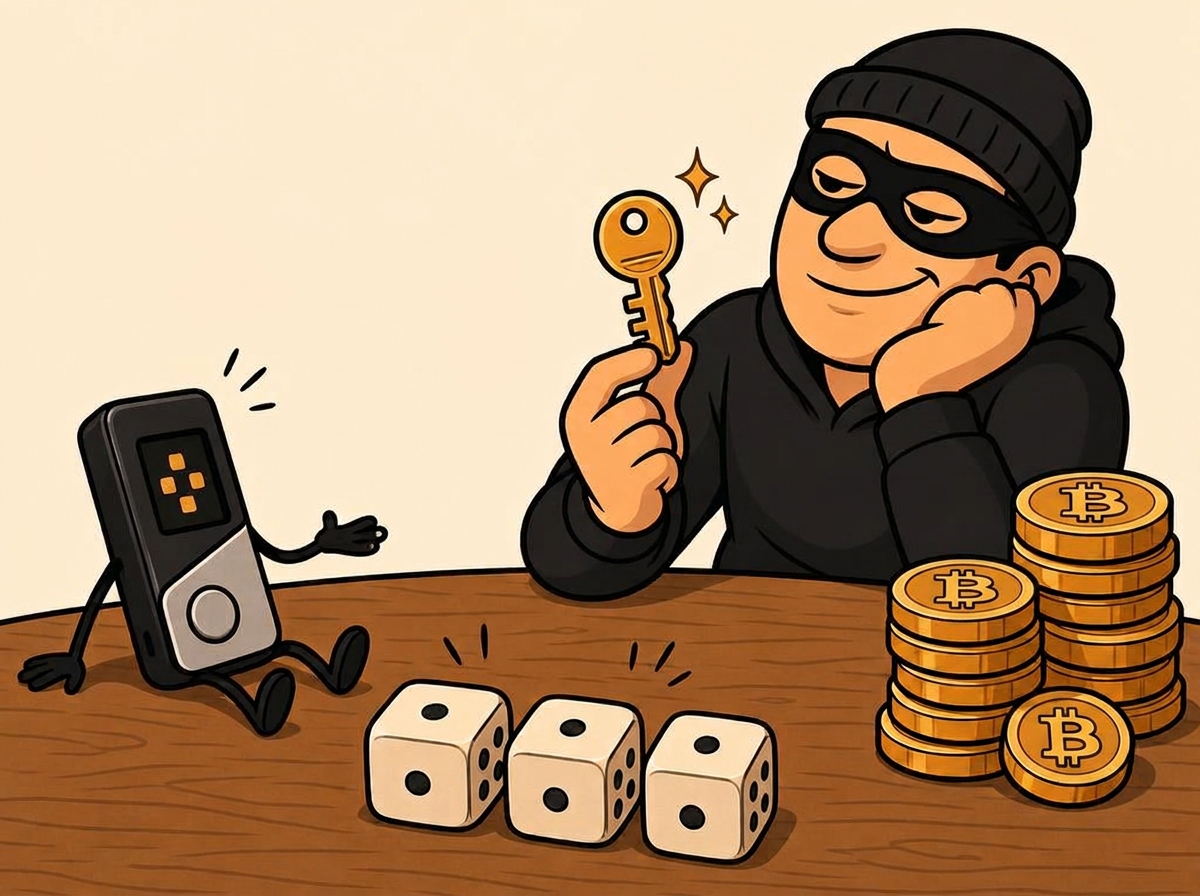 Cartoon of the 2026 Coldcard seed flaw: dice landing on the same face while a relaxed thief already holds the duplicate key.