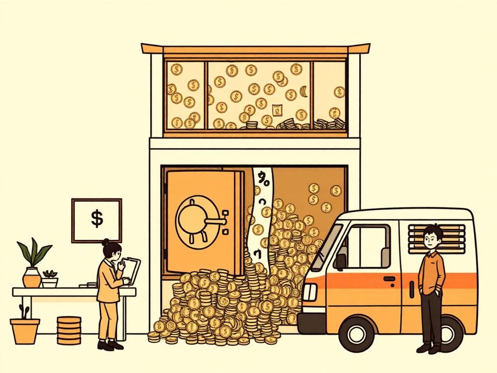 Cartoon of the 2024 DMM Bitcoin theft: a vault quietly leaking coins into a waiting van while staff bow apologetically out front.