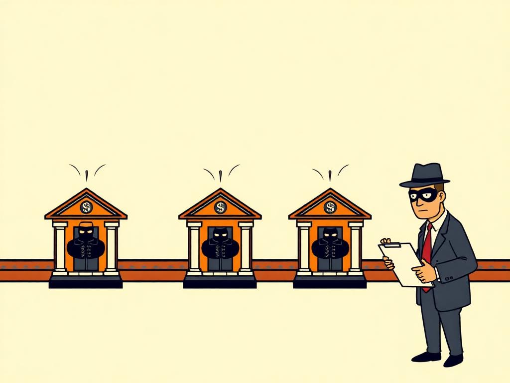 Cartoon of the 2018 exchange pile-up: an assembly line of identical little banks each being emptied by its own masked thief.