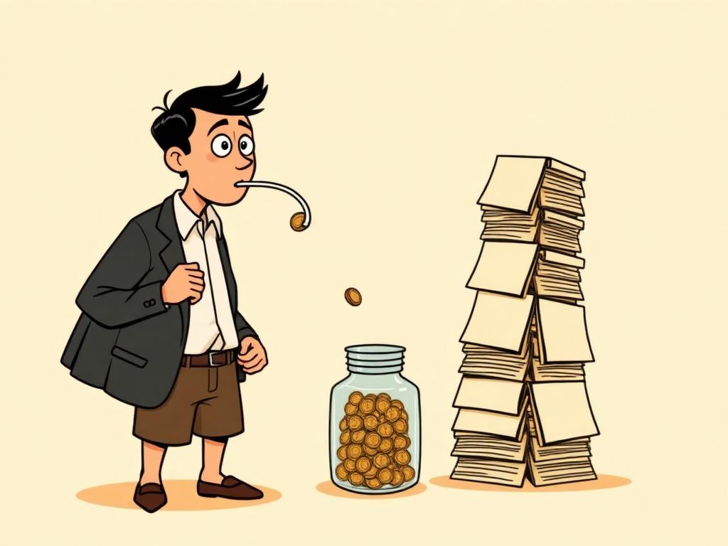 Cartoon of the 2022 FTX collapse: an executive in shorts siphoning coins out of the customer jar with a bendy straw.