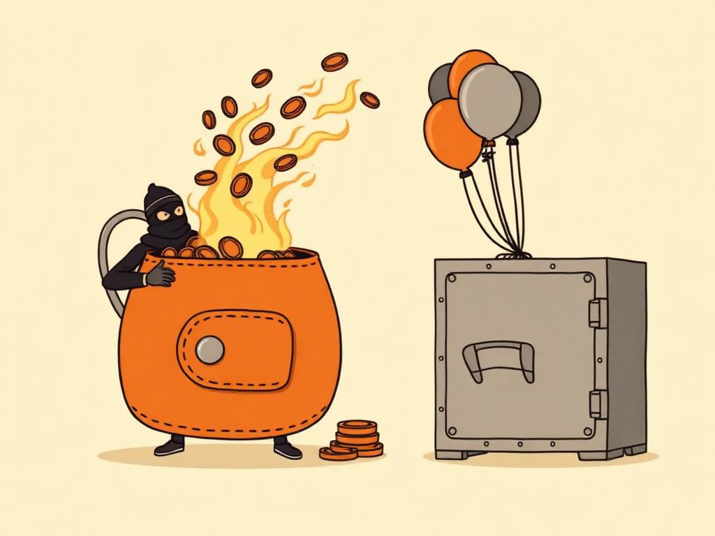 Cartoon of the 2020 KuCoin hack: a hot wallet boiling over as coins evaporate away, next to a dusty cold safe.