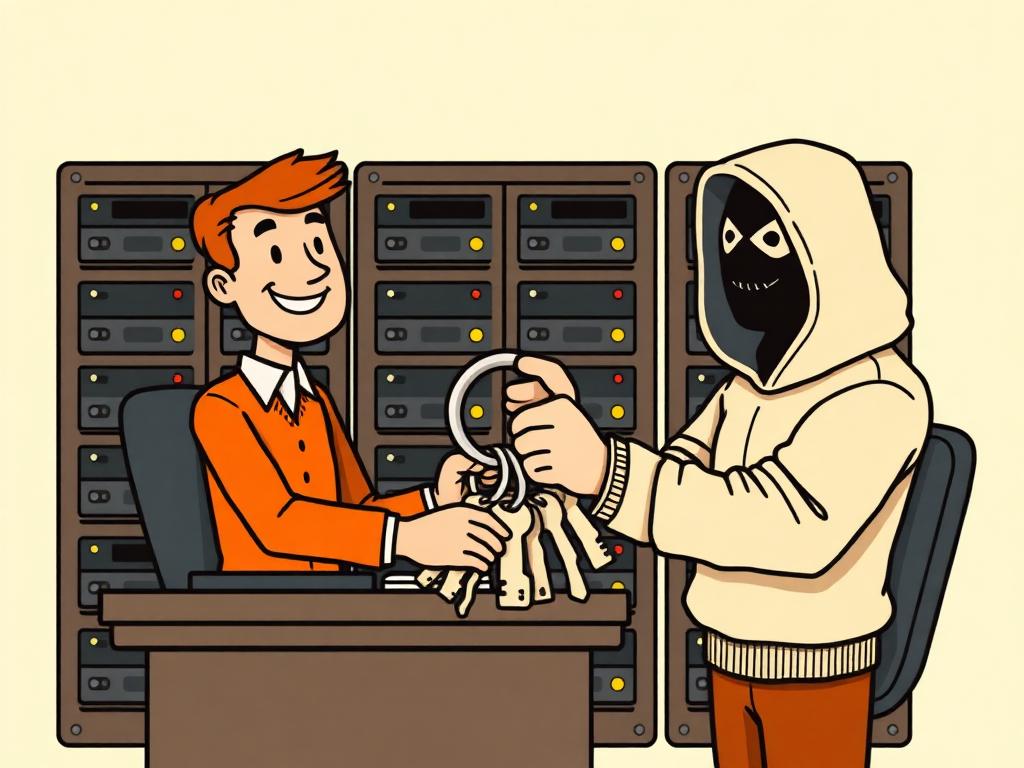 Cartoon of the 2012 Linode compromise: a hosting support agent cheerfully handing the server keys to a hooded thief.