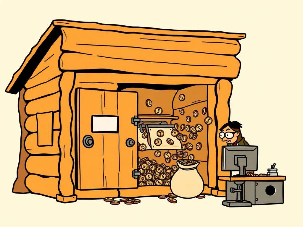 Cartoon of the 2011 Mt. Gox breach: a flimsy trading-post shack with an open safe and coins spilling out the back wall.