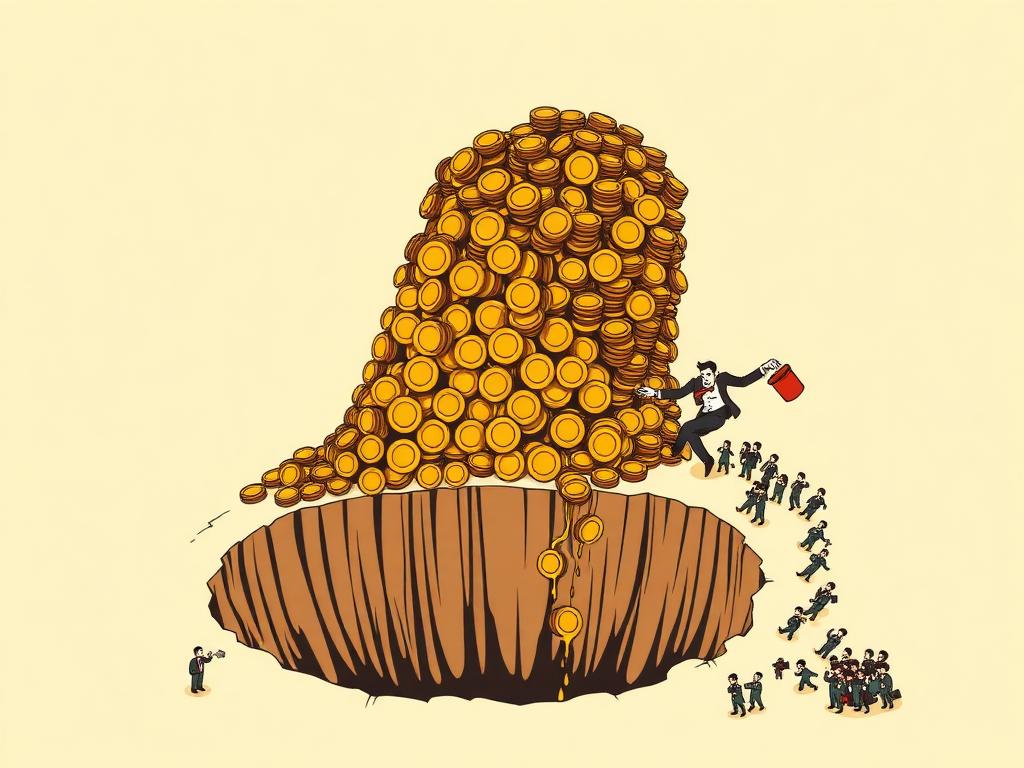 Cartoon of the 2014 Mt. Gox collapse: a mountain of coins sliding into a sinkhole while an executive bails it out with a bucket.