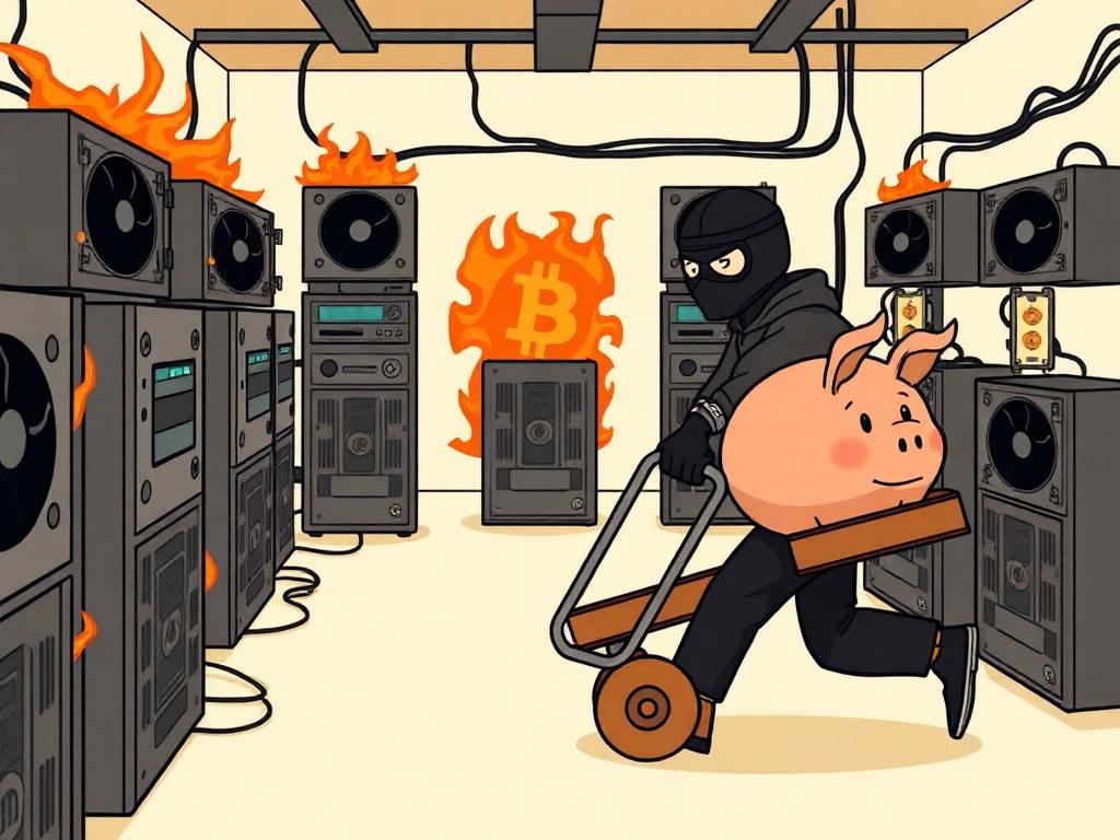 Cartoon of the 2017 NiceHash hack: a thief wheeling away the shared payout piggy bank past overheating mining rigs.