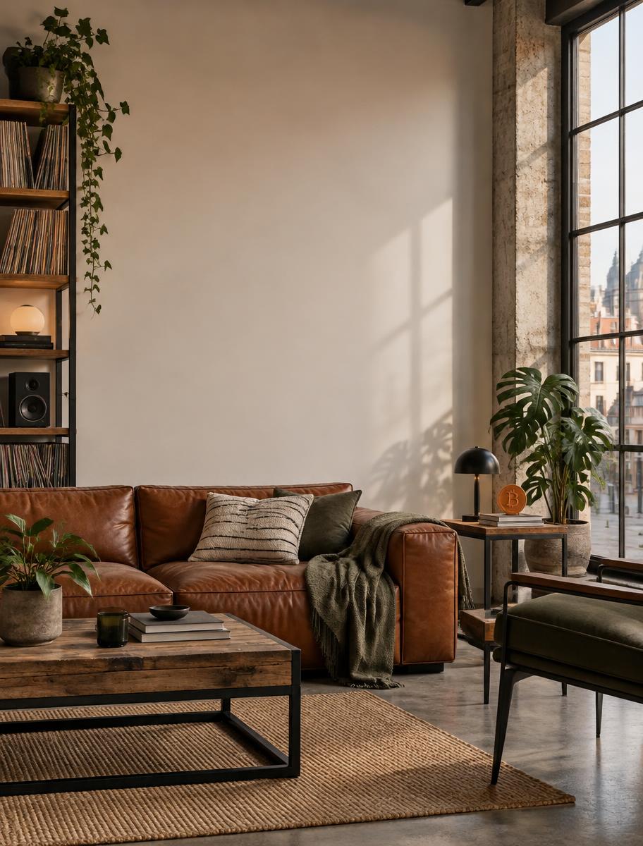 Creative loft with a leather sofa, record shelves, and warm natural light
